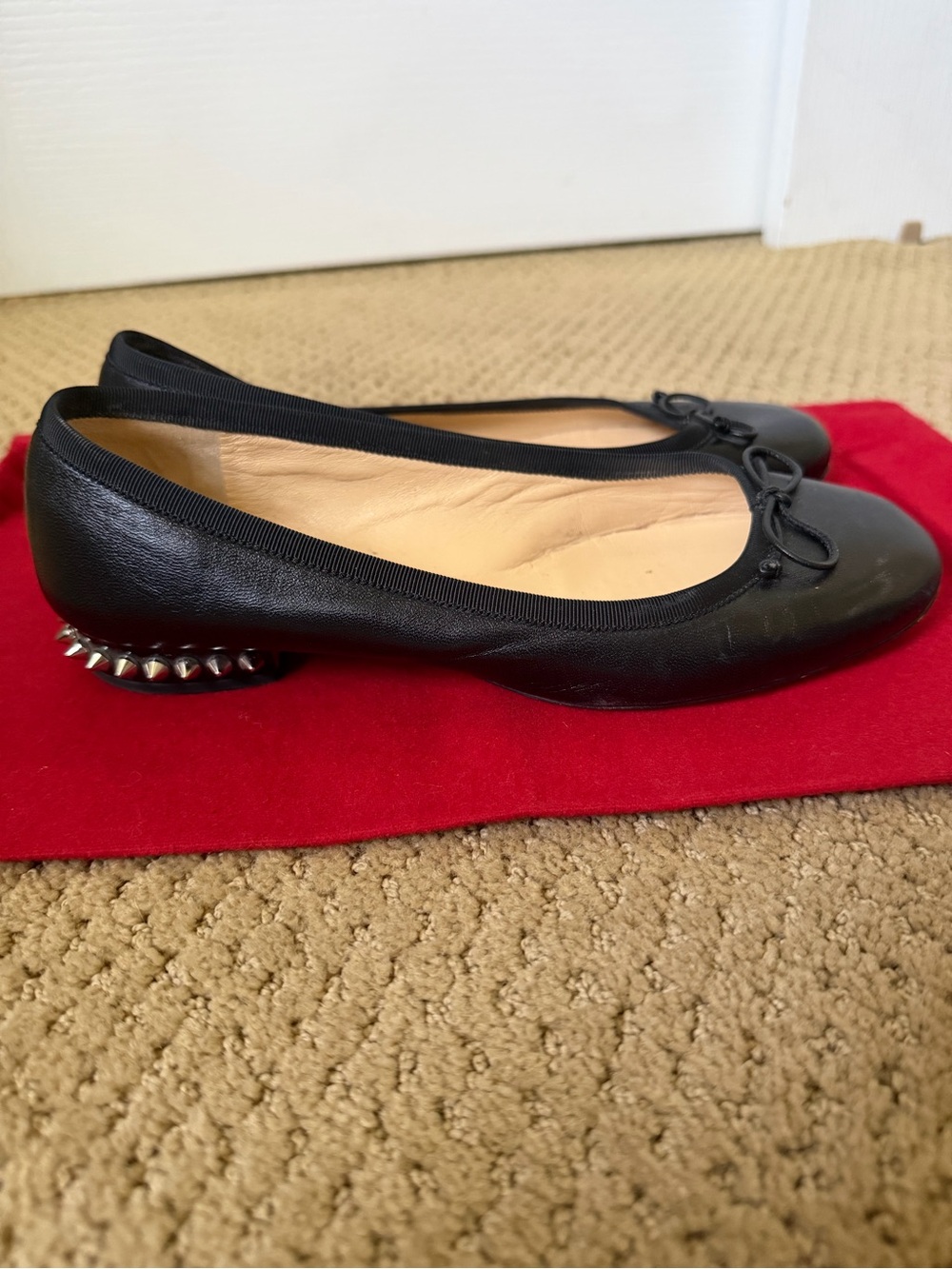 Christian Louboutin Black Leather Ballet Flats with Studded Heel